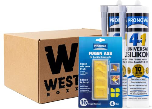 W West Boxx Set aus 2x 4 in 1 Universal Silikon in Manhattan und Fugen-Ass Fugenglätter, Universalsilikon ideal für Sanitär, Naturstein & Holz für außen und innen