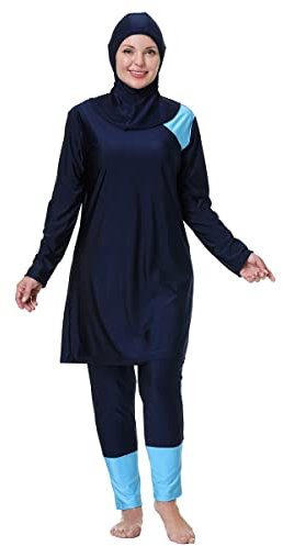 Burkini Damen Muslim Lang Große Größen Muslimische Badeanzug Frauen Langarm Druck UV Shirt+Schwimmhose+Badekappe Hijab Ganzkörper Islamisch Arabisch Modest Bademode Schwimmanzug Dunkelblau #1 7XL