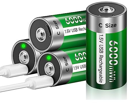 Palogreen Batteria ricaricabile Baby C USB 6000 mWh – 4 batterie ricaricabili al litio da 1,5 V/batteria C ad alta capacità con cavo di ricarica di tipo C, ricarica rapida 3 ore (4Pcs)