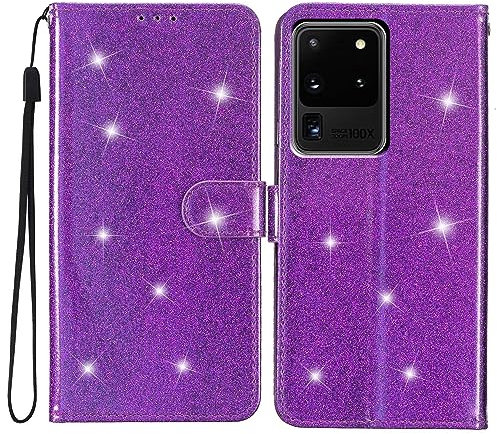Rnrieyta Miagon Brieftasche Hülle für Samsung Galaxy S20 Ultra,Handyhülle Handytasche Glitzer PU Leder Tasche Flip Case Geldbörse mit Kartenfach Magnet Klapphülle,Lila