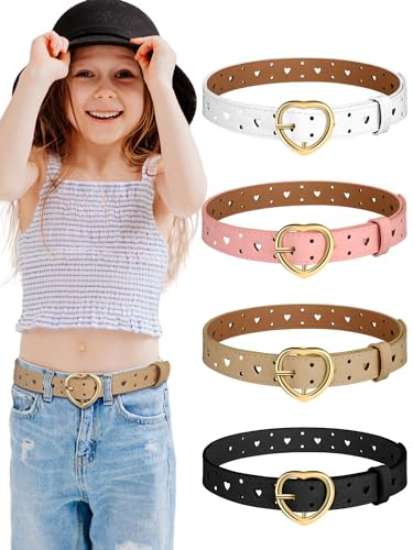 Newcotte 4 Pcs Girls Belt Size Aged 3-12 Kids PU Leather Waist Hollow Heart Design Kids Belts for Dress Pants Jean(Suit for Waist Size 18-22,Colorful)
