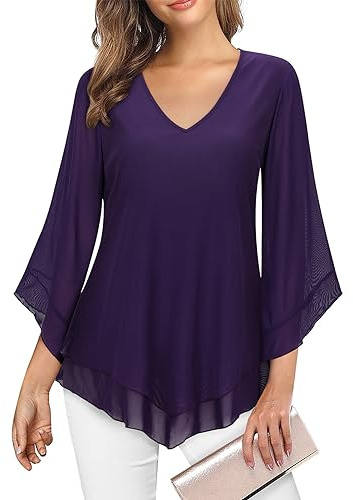Gemulate Womens Blouses Ruffle 3/4 Sleeve Mesh Ladies Tops Chiffon Double-Layered Tunic Tops Loose Flowy Shirts -Dark Purple, XXL