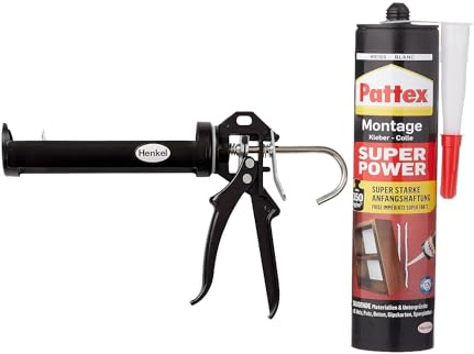 Pattex Montagekleber Super Power, mit superstarker Anfangshaftung, für saugende Materialien für Innen und Außen, Weiß (1x370g) & Pattex Profi Metall Kartuschenpistole