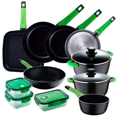 Set 5 sartenes (20,24,28,wok 28 y grill 28cm) + 2 cacerolas (20,24cm) + cazo + 3 fiambreras (320,520,1500ml) San Ignacio