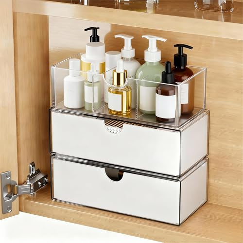 EAROND Medizinschrank-Organizer, 3-stöckig, unterteilte und stapelbare Ablageschalen mit 2 Schubladen für Badezimmer, Spiegelschrank, Wandschrank, Waschtisch, Arbeitsplatte, Weiß, EA20231214