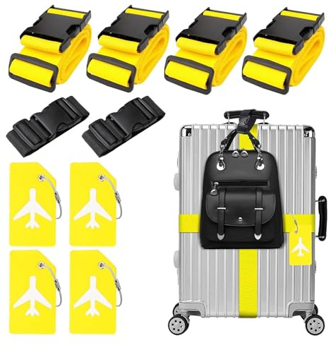 4 pièces sangles de valise & 4 pièces étiquettes de bagage & 2 pièces Ajoutez un sac sangles de bagage, sangle de valise, sangles de valise réglables, sangle de bagage voyante pour valise (jaune)
