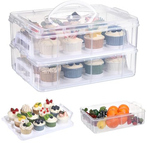 BSTKEY 2 Tier Cupcake Carrier, Each Tier Holds 12 Cupcakes, 2 in 1 Stackable Cupcake Container and Cake Keeper with Lid, Clear Plastic Box Holding 24 Pastries for Birthday Party Bakery Supplies