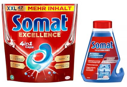 SOMAT 4in1 Caps 3x47 (141) AW Excellence, schnellauflösende Spülmaschinentabs, für exzellente Reinigung sogar im Eco-Programm + Somat Duo Power Experten Intensiv-Maschinenreiniger 250ml