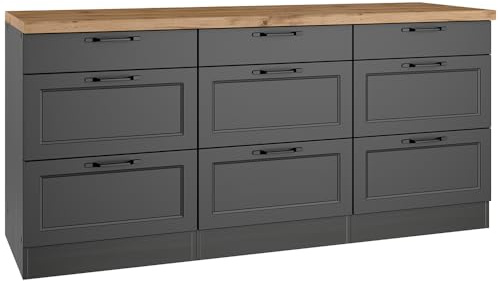 Lomadox Küchenschrank Schubladenschrank Auszugsschrank Unterschrank mit Schubladen 180 cm in grau, Arbeitsplatte Eiche