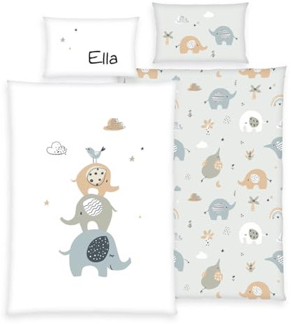 Herding babybest Bettwäsche-Set für Kleinkinder, Elephants-Motiv, Personalisiert mit Name (Bestickt), 40 x 60 cm + 100 x 135 cm, 100% Baumwolle/Renforcé