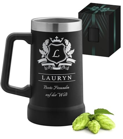 Maverton Isolierter Bierkrug mit Gravur 700 ml Schwarz mit Henkel | Geburtstagsgeschenk für Frauen, personalisierte Geschenke Frauen, Bierglas mit Gravur personalisiert Weihnachtsgeschenke