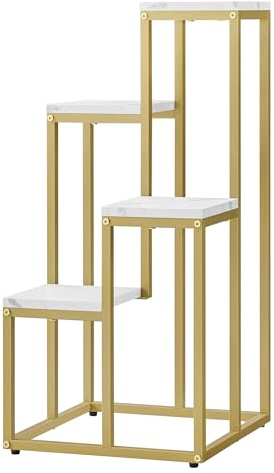 Home Collective Blumentopfregal mit 4 Ebenen in Marmor mit goldenen Beinen für Wohnzimmer Schlafzimmer Flur oder Büro Loft-Stil Pflanzenständer mit Stahlrahmen für Stabilität vielseitig und funktional