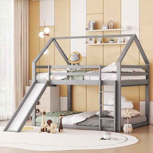 BXEYXE Doppelbett Kinderbett Hausbett Etagenbett mit Rutsche und Leiter, Kinderzimmer Hoch-Doppel-Stockbett, Grau, 140x200cm