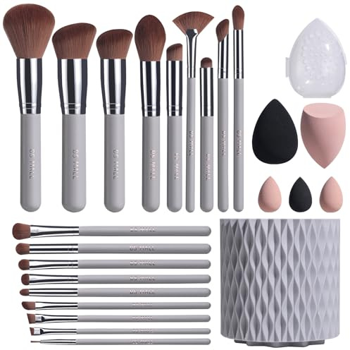 BS-MALL Makeup Brushes Premium Synthetic Foundation Powder Concealers Eye Shadows 18 Pcs Brush Set with 5 sponge & Holder Sponge Case (Grey)
