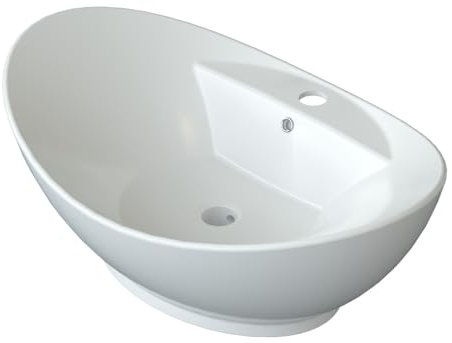 Design-Waschbecken aus Keramik Weiß Oval 59 x 39 cm Aufsatzwaschbecken Moderner Waschtisch für Unterschrank Waschplatz Handwaschbecken | Hahnloch | Überlauf | OHNE Wasserhahn | OHNE Ablaufventil