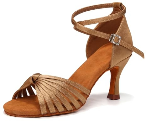 YCALCP Scarpe da Ballo Latino per Americano Le Donne in Raso Standard Professionali Scarpe Ballo Salsa da Sala, Beige 36 EU