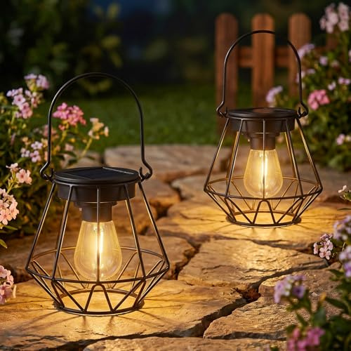 Kimjo Solarlampen für Außen Hängend, Solarleuchten Garten mit LED-Glühbirne | IP65 Wasserdicht Solarlampen für Außen Tisch, Metall Solarlaterne Outdoor, Warmweiß Solar Laternen für Draußen, 2 Stück