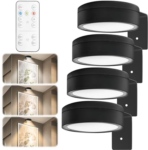 GOMETY 4 PACK Bild Licht Batterie betrieben mit Fernbedienung, Wandleuchte Innen Malerei Licht für Kunst LED-Wandleuchten mit 3 Farbmodi Dimmbar Bilderrahmen Licht Magnetisch Vitrinenbeleuchtung