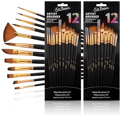 AIDUCHO Pinselset Acrylfarben, 12 Stück x 2 Set Nylonhaar Aquarell Pinsel Set, Feiner Pinsel Kinder Gemälde Anfänger, Korpus aus Holz für Acrylfarben, Aquarelle, Öle, Steinmalerei, Nagelpinsel