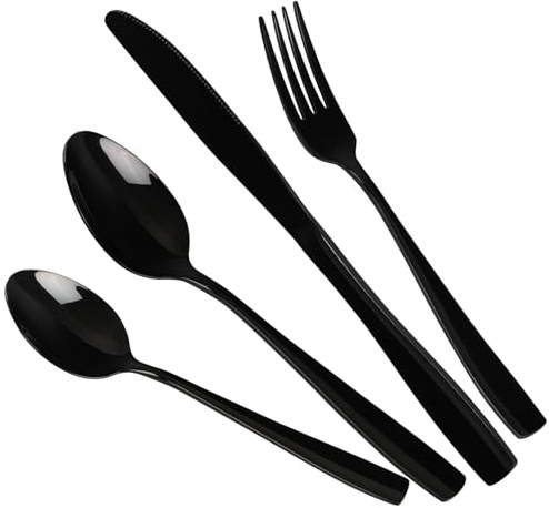 Afromy Black Cutlery Set, 24 Piece Stainless Steel Flatware Set Silverware Set for 6 People, Include Spoon Knife and Fork Sets, Mirror Polished Modern Design for Home, Restaurant
