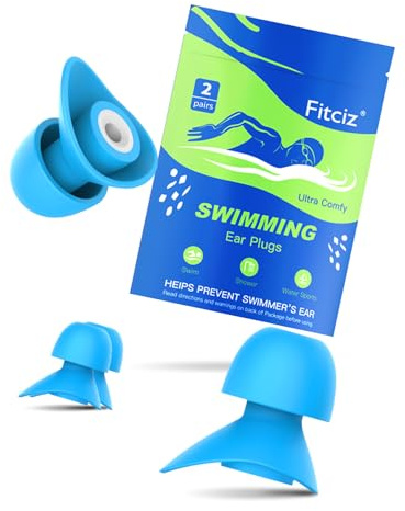 Fitciz Swimming Ear Plugs for Adults, 2 Pairs Waterproof Earplugs in Case for Swimmers, Men, Women, Washable, Reusable, Comfortable (Size: S+M, Sky Blue for Women)