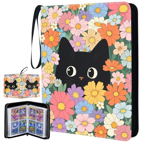 MCPESAS Girl Card Binder 4 Pocket, 4 Pocket Card Binder Cat, Collectible Trading Card Album Cats, Zippered Collection Gifts for Girls Boys Organized