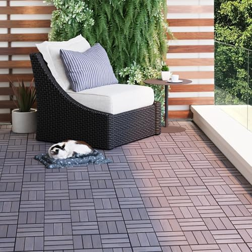 WONSHREE Acacia Interlocking Deck Tiles 12x12 Waterproof Outdoor Patio Flooring Pavers for Garden Balcony Poolside Backyard All Weather Use, Checker Pattern, Pack of 30, Gray