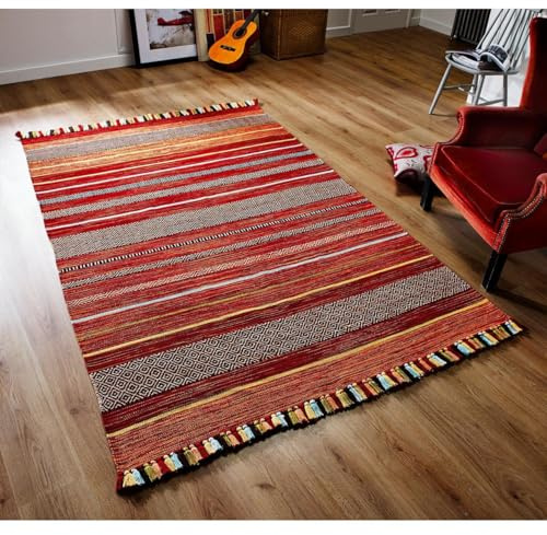 Rugstore shop ltd Kelim Area Rug for Indoor Use | Soft Cotton Blend Washable Carpet Runner | Handwoven Flatweave Red Stripe Mat for Living Room, Bedroom, Dining Room, Hallway, Floor Decor-120x170cm