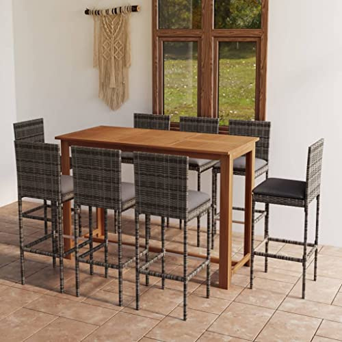 Qnhdfrt Gartenbar-Set 9-TLG. Grau mit Massivholz Tisch und 8 Barhocker für Outdoor Balkon Terrasse mit Wetterfestem PE-Rattan und Polstern