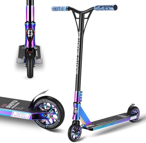 SUOTU Patinete Freestyle, Dirección de 360°, Ruedas de PU de 85A 110 mm, Scooter Freestyle para Niños Adolescente y Adultos, Capacidad Máxima de Carga: 100 kg, Aluminio (Negro – Arcoíris)