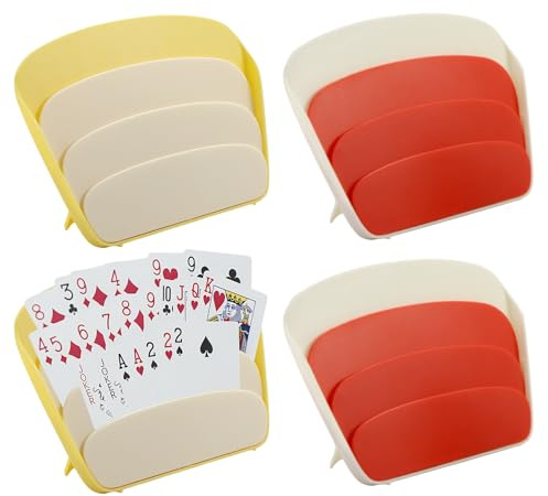 UIHRLM Playing Card Holder, 3 Layers Design Card Game Holders, Standing Fan Shaped Playing Card Storage Box Hands Free Game Accessories for Adults Poker Uno Dos Canasta Bridge (Yellow+Red 4PCS)