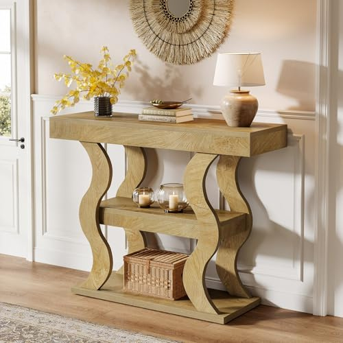 Tribesigns Console d’Entrée 105 cm, Table Basse Étroite en Bois 3 Niveaux avec Étagères & Cadre Incurvé – pour Salon, Couloir, Hall