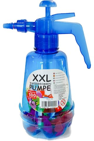XXL vattenbomber, pump inkl. 100 vattenbomber, röd flaska, ballonger i färgglada färger, pump, tryckflaska (blå)