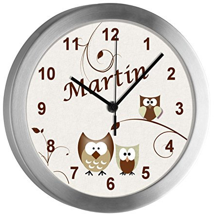 CreaDesign Kinder Funkwanduhr mit (Wunsch) Namen | Kinderzimmer Funkuhr| mit Analog ? Ziffernblatt | geräuscharm | Wanduhr Kind | Motiv Eule