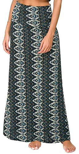 EXCHIC Kjol för damer, kjol i boho-stil, böljande kjol, maxikjol med elastisk hög midja, lång kjol, 2, L
