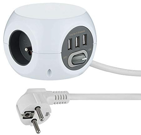 Electraline 35443 - Mini cubo con 3 puertos USB 2.4A, bloque de 3 tomas con interruptor, alargador múltiple (3 m), color blanco