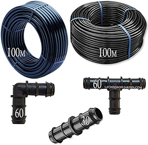 Suinga PACK: 100 m PE-Rohr Wasserschlauch 16mm x 1,6 mm + 100 m Unbekannt Tropfschlauch Perlschlauch 16 mm 50cm + 30 Geradeverbinder + 60 Eckverbinder + 60 T-Steckverbinder Tropfschlauch