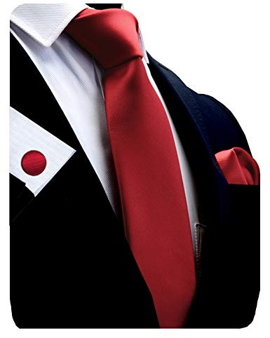 Gusleson Brand Mens Classic Silk Solid Red Wedding Tie Necktie and Pocket Square Cufflinks Sets (UK0789-01)