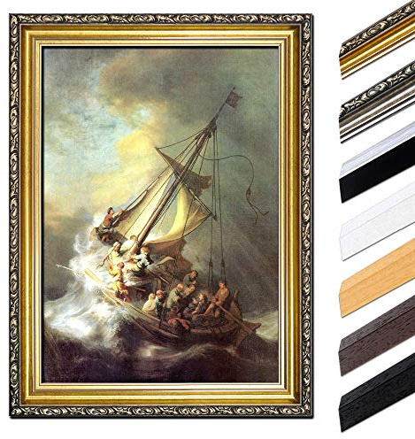 Bilderdepot24 Bild mit Rahmen - Rembrandt Christus im Sturm auf dem See von Galilea 40x50 cm - Gerahmtes Leinwandbild Alte Meister - Antiker Rahmen Gold Barock, Klassisch