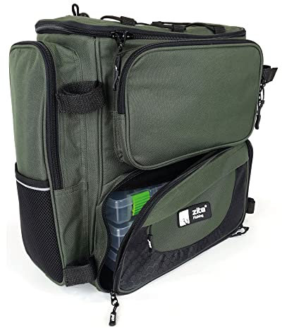 Zite Fishing Angelrucksack mit Boxen & Rutenhalter – Große Angeltasche mit Boxen (4 Stück) - Angel Rucksack-mit-Boxen - extra Dickes Rückenpolster, Angelrucksack-mit Rutenhalter, Fishing Backpack