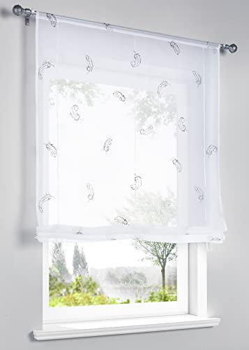 Devola Estor de voile transparente, cortina romana con plumas bordadas, con barra, moderno, cortina de cocina, cortina lista para usar, 120 x 140 cm, color blanco, 1 unidad