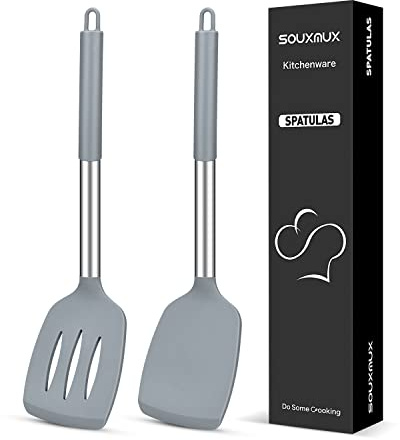 2 Pcs Silicone Spatulas Turners, Solid and Slotted Spatula Set, Non-Stick BPA Free High Heat Resistant Handy Kitchen Utensils for Cooking, Grill, Flipping Eggs, Fish, Pancake（Grey）