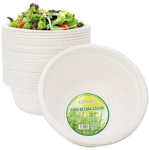 EXNIMA, Cuencos Desechables de Caña de Azúcar, Platos Hondos Biodegradables, Vajilla Ecológica, 100% Natural Redondo Resistentes, Evento, Fiestas, Barbacoa y Cumpleaños