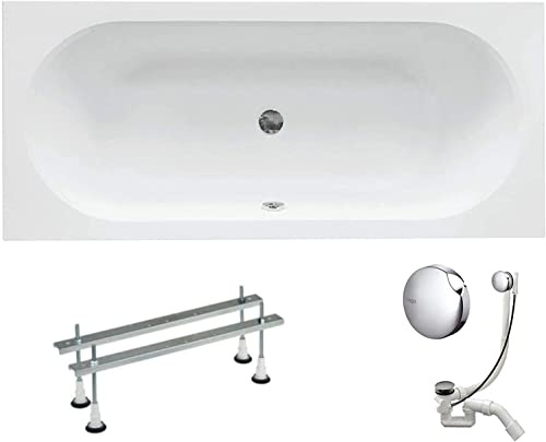 VBChome Acryl Badewanne 180x80 cm Weiß Rechteck Wanne Siphon Wannenfüße Design Modern Ablaufgarnitur in Chrom