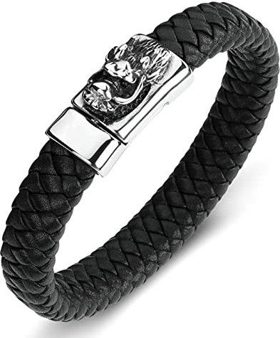 Ayoiow Männer Armband Indianer, Armband Metall Jungen Armband Leder Jungen Schwarz Flechtarmband mit Drachenkopf