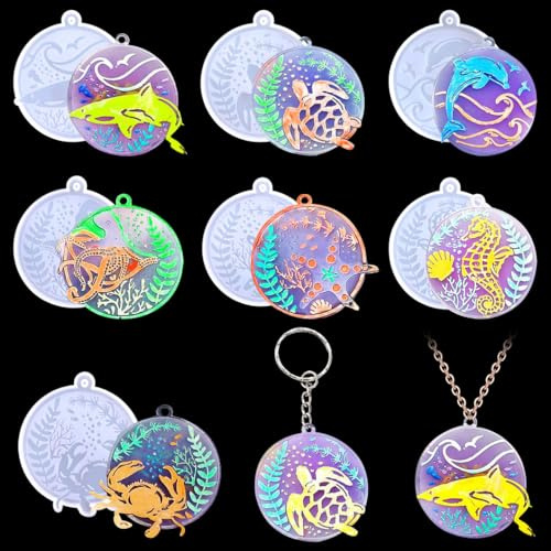 Zayookey 7 moldes de resina para llavero, moldes de silicona de animales marinos, moldes redondos de resina epoxi, molde de fundición circular con agujeros para manualidades, joyería, aretes