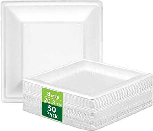 HOMURG assiettes carton jetables anniversaire blanche, assiette en carton rigide carrée 20x20 cm pour mariage, blanc carré vaisselle jetable ecologique, assiettes papier carree de 50 pièces
