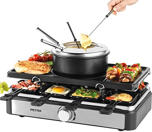 Petra 2-in-1 Raclette Grill & Fondue, Großer Teppanyaki für 8 Personen, Rauchfreier Elektrischer, 1,3l Topf mit Tauchgabeln, Inklusive Holzspatel und Schiebern, für gesellige Abende