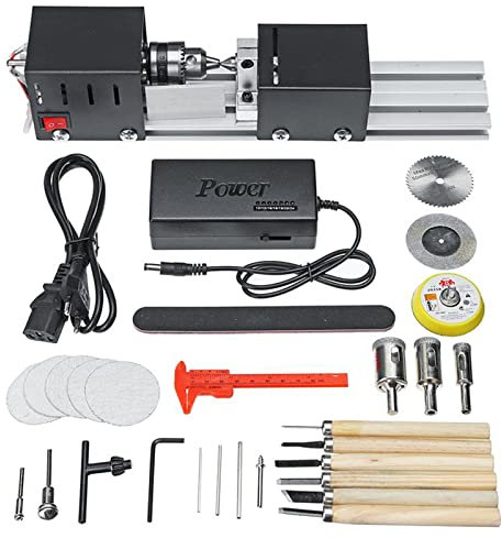 Mini tornio, tornio per Legno Fai-da-Te, Mini tornio lucidatrice per Perline, fresatrice rettifica lucidatura Perline Tavolo Lavorazione del Legno Trapano Set di Utensili rotanti DC 24V 200W per lav