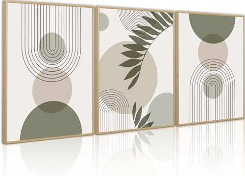 PWAAHDC Sage Green Framed Canvas Wall Art Set of 3 - Large Boho Abstract Prints for Hallway, Stairs, Bedroom, and Living Room Walls - 12x16 (30x40cm)